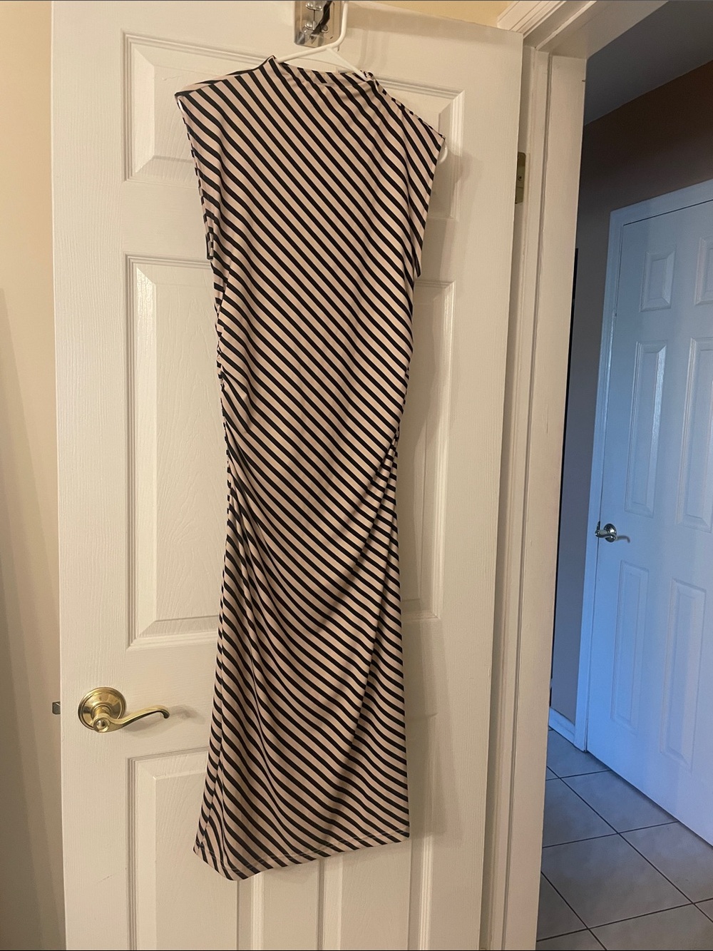 H&M One-Shoulder Striped Midi Dress in Black and Cream